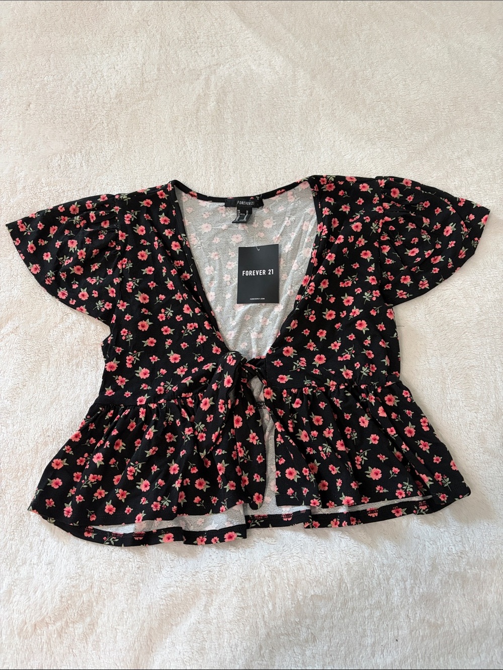 Forever 21 Black Floral Tie-Front Peplum Blouse with Pink Flowers